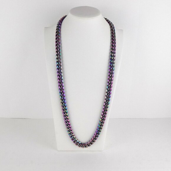 Miami Iridescent Rainbow Cuban Chain Necklace 32" Stainless Steel Heavy Chunky - Picture 2 of 7